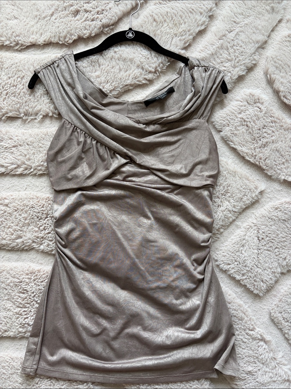 G by Guess Metallic Taupe Draped Cap-Sleeve Top